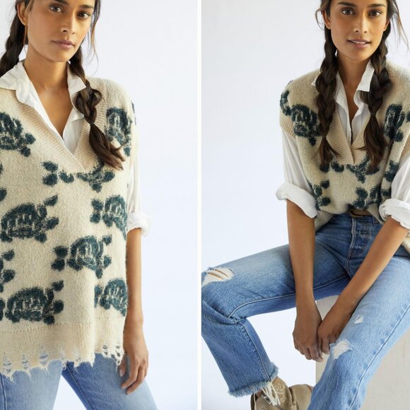 Anthropologie Distressed Boho Neutral Wool Blend Sweater Vest Size Small n47 - Picture 1 of 16